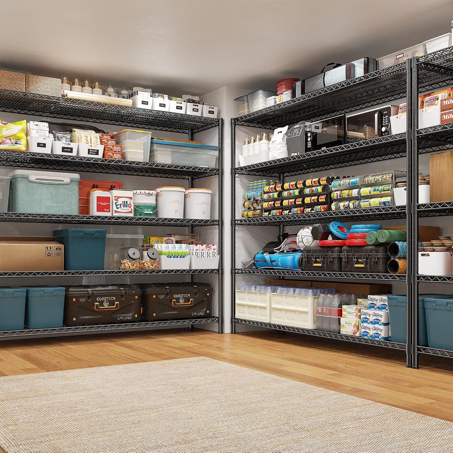 REIBII 85.7"H Garage Shelving 2998LBS Storage Shelves with Wheels&Feet,5 Tier Garage Shelves Heavy Duty Adjustable Wire Shelving for Basement Commercial Industrial Pantry, 85.7"H X 55.5"W X 24.2"D