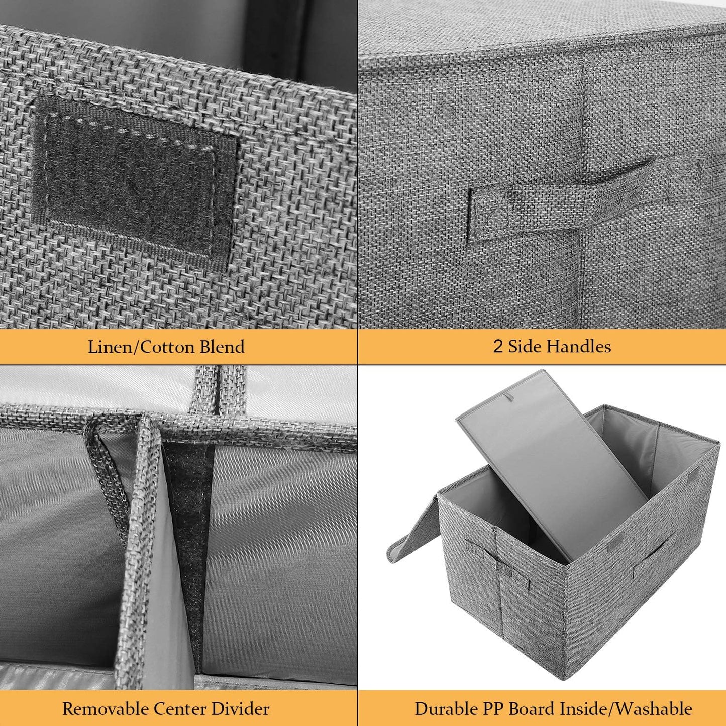 2 Pack Large Storage Boxes with Lids and Handles, Collapsible Linen Storage Bins Organizer Containers Baskets Cube with Removable Divider for Home Bedroom Closet Office (Grey, Large)