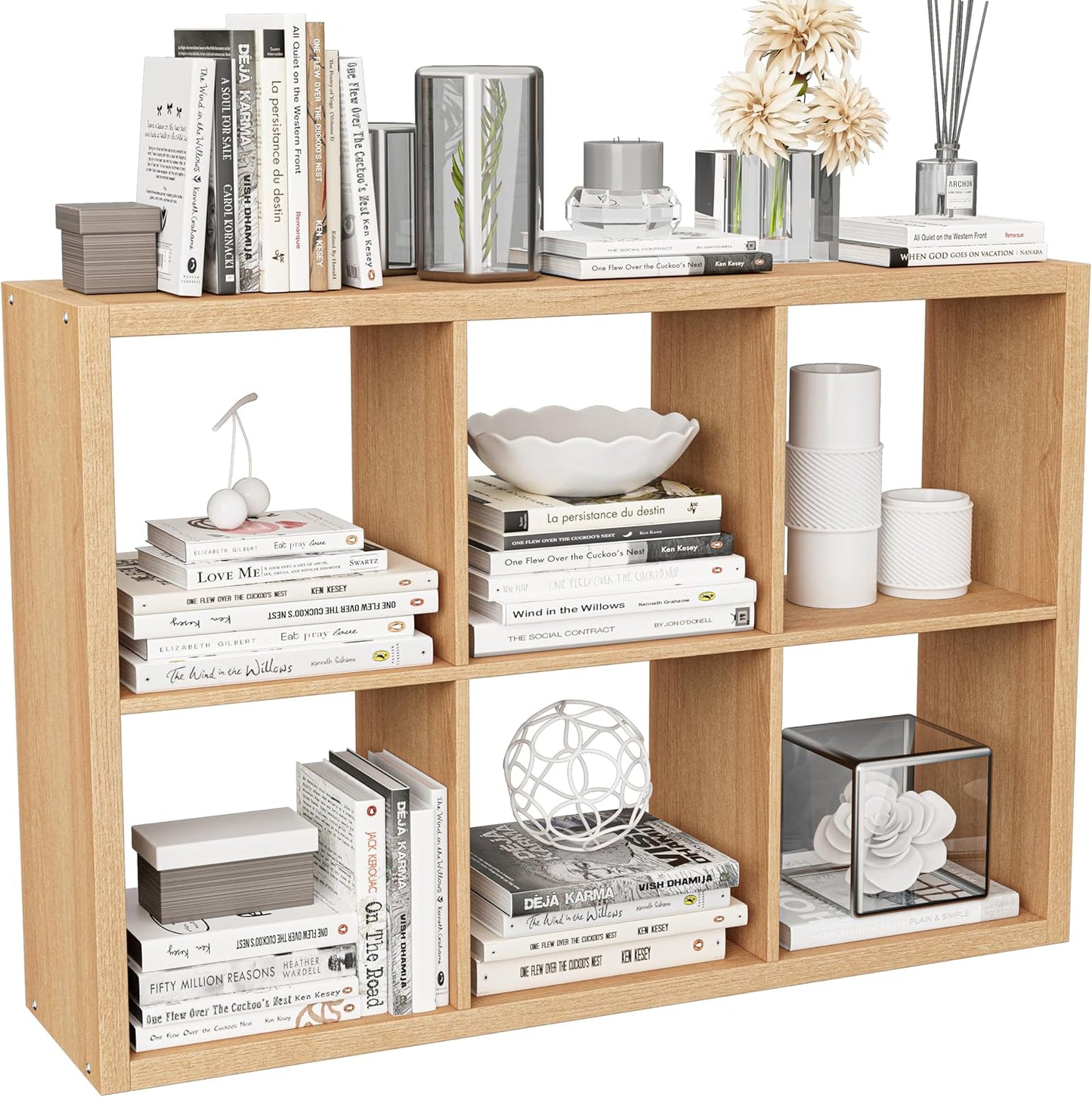 Cube Storage Organizer Bookcase, Decorative 11 inch Open Back Cubical Shelf with Thickened Border, Display Bookshelf for Living Room, Home Office, Sturdy Room (Natural Oak, 6 Cube)