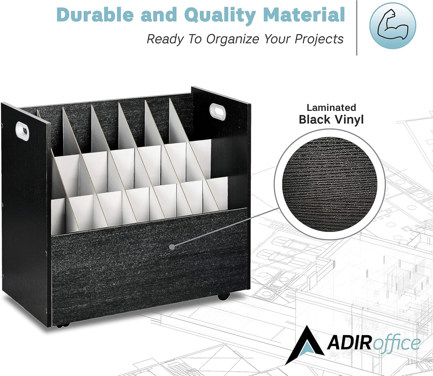 AdirOffice Adir Blue Print Storage Organizer - Mobile Roll File Cart, Construction Plan Holders, Blueprint Cabinet with Wheels, Roll Files Storage for Office and Home (21 Slots, Black)