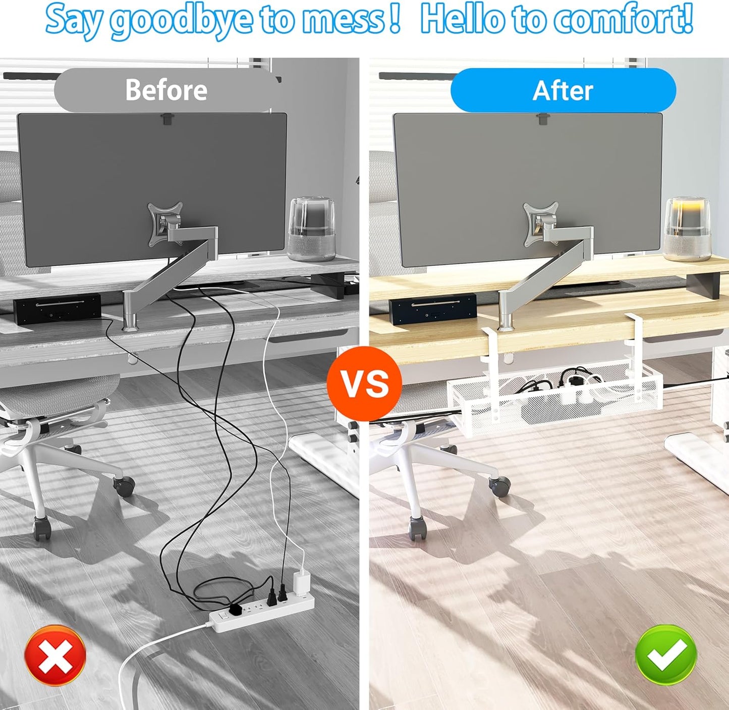 No Drill Under Desk Cable Management Tray, SONATURE 15.7" Cord Organizer for Table, Clamp Mount Desk Cable Management, Premium Carbon Steel Cable Organizer for Office, Home (White)