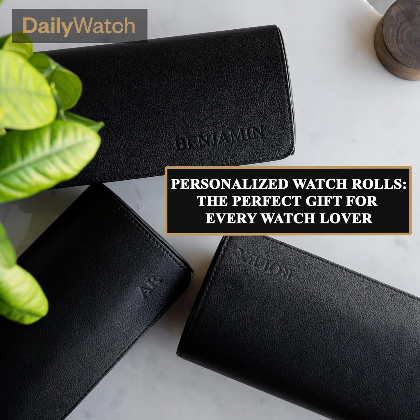 DailyWatch | Personalized Watch Roll Travel Case For 3 Watches - Handmade Genuine Leather Travel Case With Custom Engraving of Name or Initials - Black Green