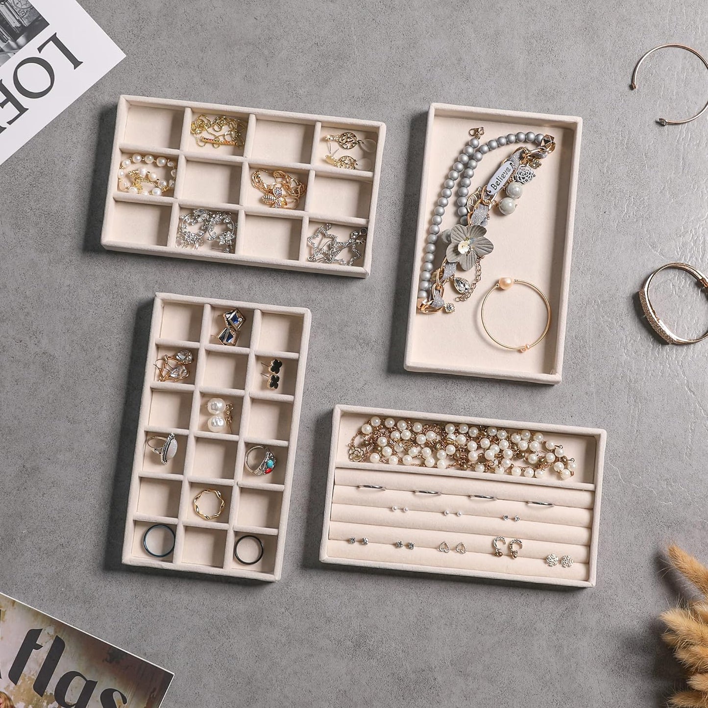 Frebeauty Jewelry Organizer Tray,Stackable Velvet Jewelry Trays,Drawer Inserts Earring Organizer For Women Jewelry Storage Display Case for Rings Stud Necklaces,Set of 4(Beige)