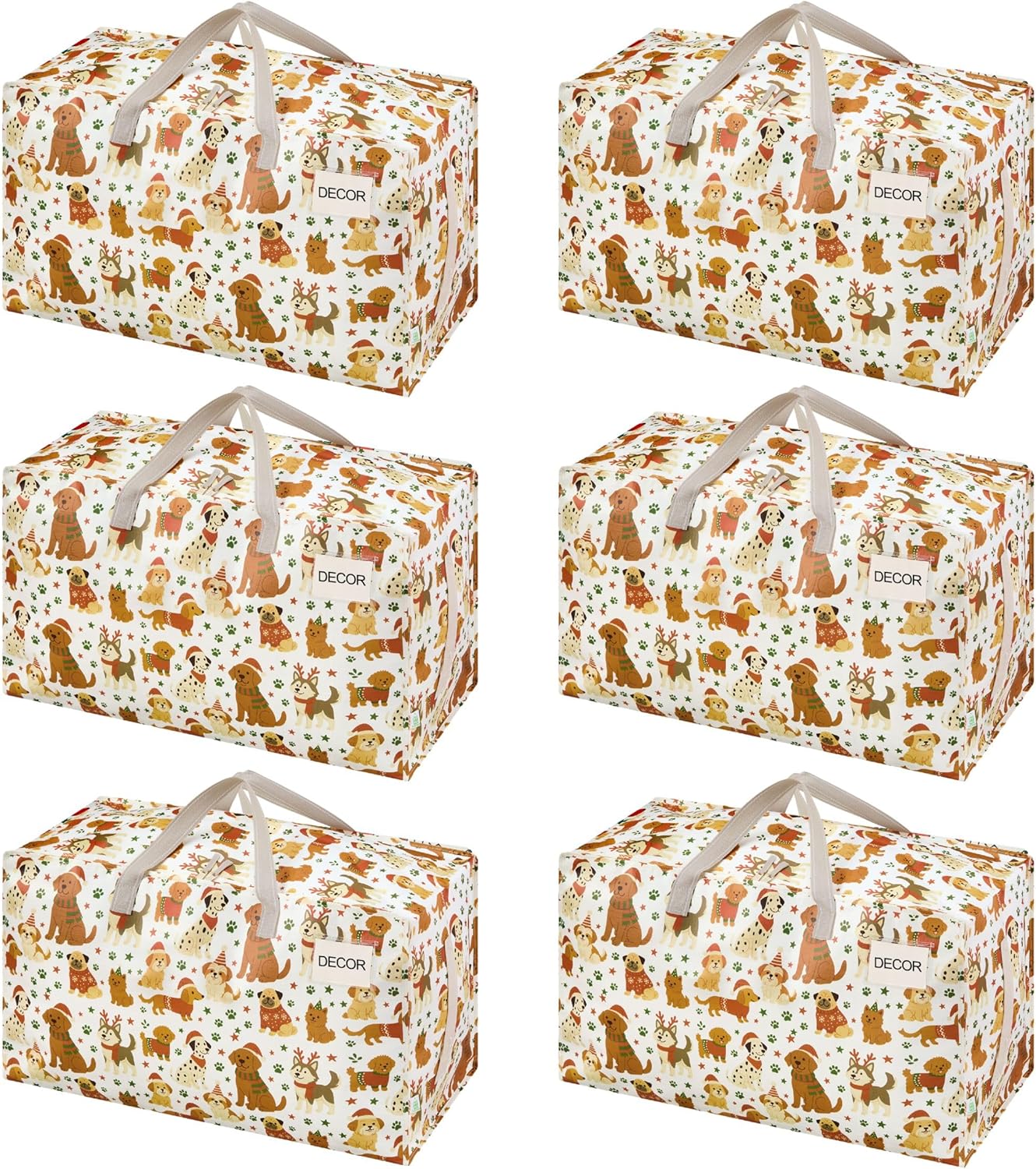 VENO 6 Pack Moving Bags and Large Christmas Decoration Storage Bins with lids. Alternative to Moving Boxes, Packing Supplies for College. Heavy Duty Totes (Holiday Pups, 6 Pack)