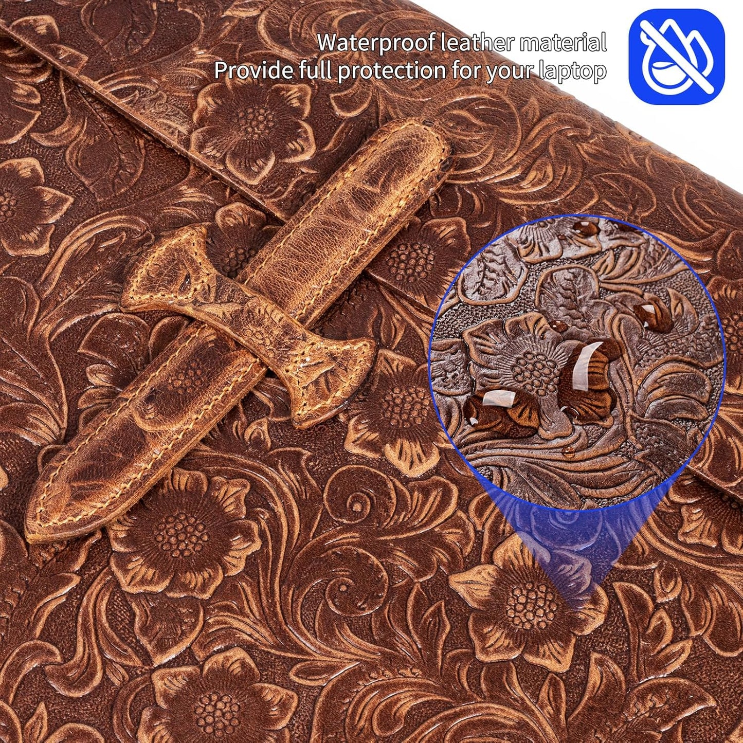 Genuine Leather Laptop Sleeve,Compatible with MacBook Pro 16 Inch M4 M3 M2 M1 Pro/Max＆MacBook Air 15 Inch M4 M3 M2 Cover,Vintage Protective Computer Case with Floral Pattern,Buckle Brown
