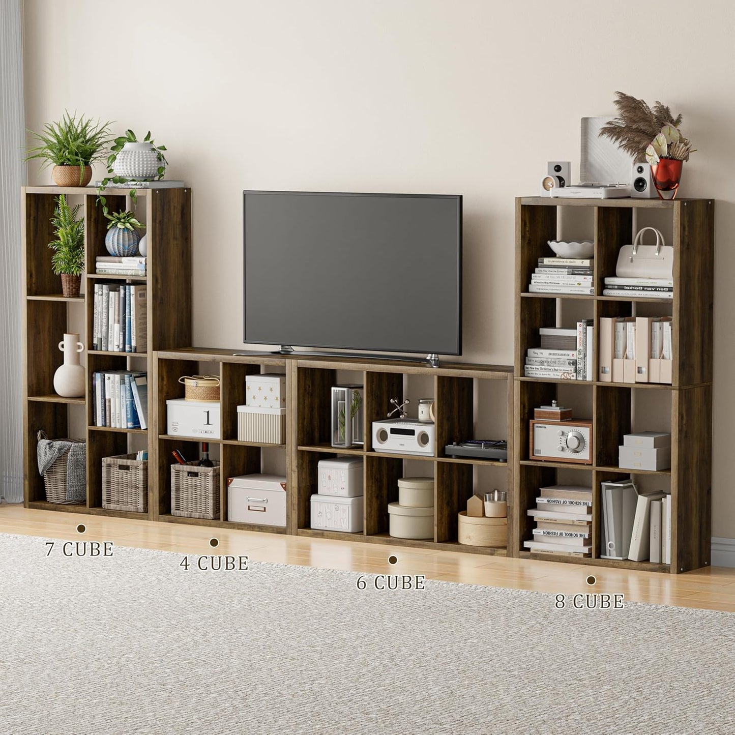 Cube Storage Organizer Bookcase, Decorative 11 inch Open Back Cubical Shelf with Thickened Border, Display Bookshelf for Living Room, Home Office, Sturdy Room (Brown, 6 Cube)