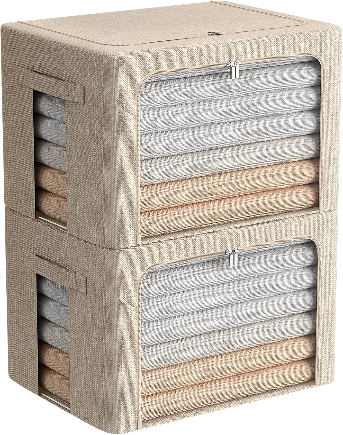 FHSQX Extra Large Clothes Storage Bins Foldable Metal Frame Storage Box Stackable Linen Fabric Box Organizer Set with Carrying Handles and Clear Window (Beige, 23.6x 16.5x 15.7 Inch)
