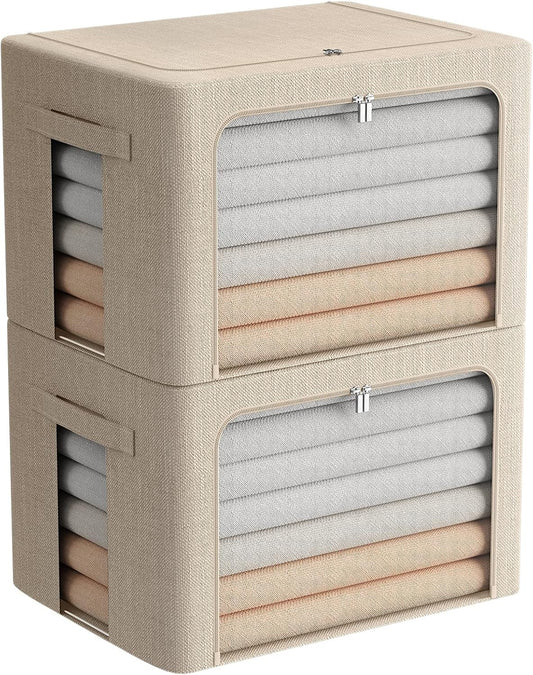 FHSQX Extra Large Clothes Storage Bins Foldable Metal Frame Storage Box Stackable Linen Fabric Box Organizer Set with Carrying Handles and Clear Window (Beige, 23.6x 16.5x 15.7 Inch)