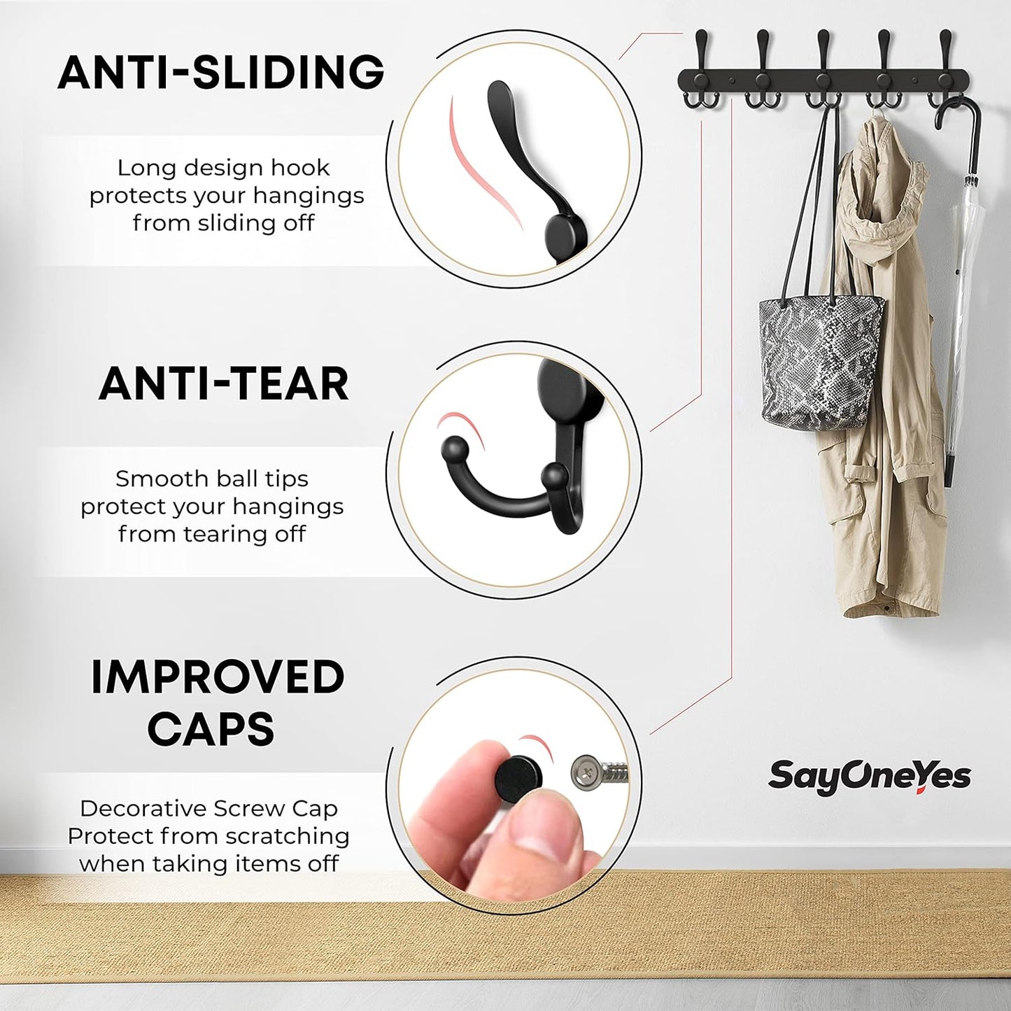 Coat Rack Wall Mount with 5 Tri Hooks, Stainless Steel 16 Inch – Black Matte Finish, Heavy Duty Wall Mounted Hook Rack for Coats, Hats, Towels, Scarfs, Robes, Bags, Entryway & Bathroom