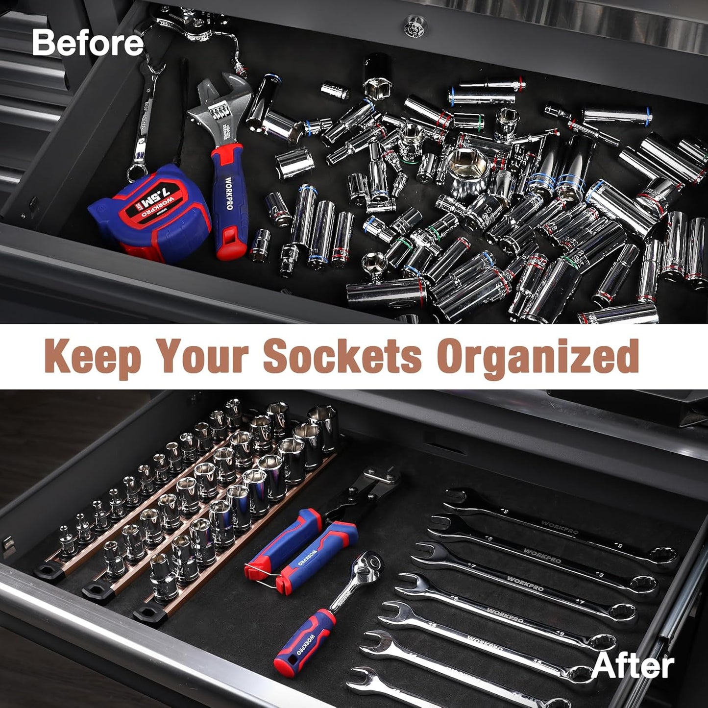 WORKPRO Magnetic Socket Organizer, 3/8-Inch Drive Aluminum Alloy Socket Rail, Heavy Duty Socket Holder, Socket Rack Kit 3/8-Inch x 10 Clips Champagne (Socket not Included)