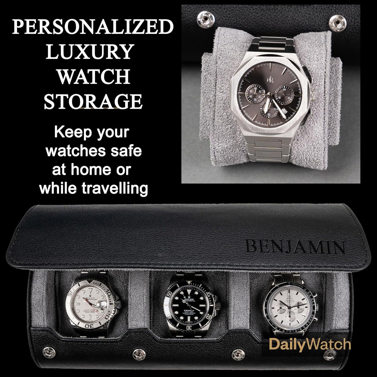 DailyWatch | Personalized Watch Roll Travel Case For 3 Watches - Handmade Genuine Leather Travel Case With Custom Engraving of Name or Initials -