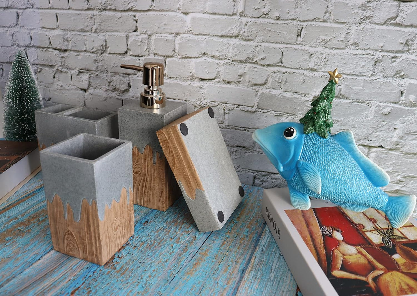 Hymmah Bathroom Accessories Set,Wooden Design Toothbrush Holder,Farmhouse Bathroom Decor,4 Pcs Resin Gift Set Apartment Necessities, Contain Toothbrush Cup,Soap Dispenser,Soap Dish,Tumbler