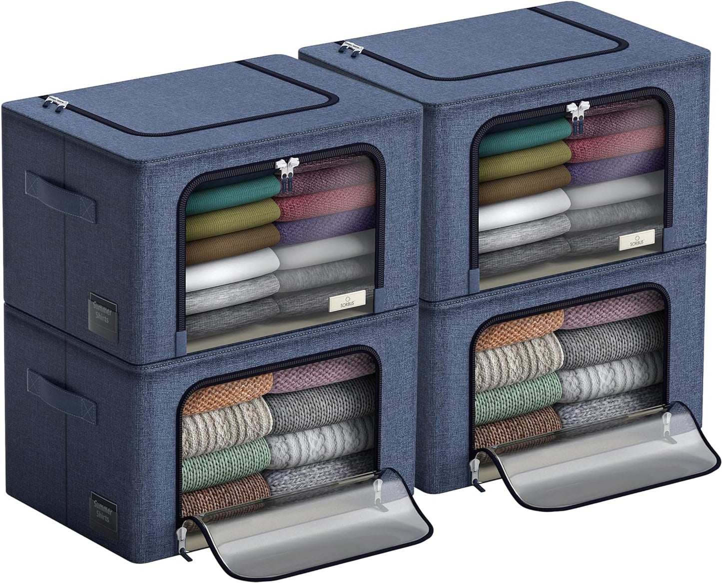 Sorbus Storage Bins with Metal Frame - Stackable & Foldable Clothes Organizer Bags - Oxford Fabric Storage Containers with Large Clear Window & Carry Handles Organization for Bedding Linen & Clothing