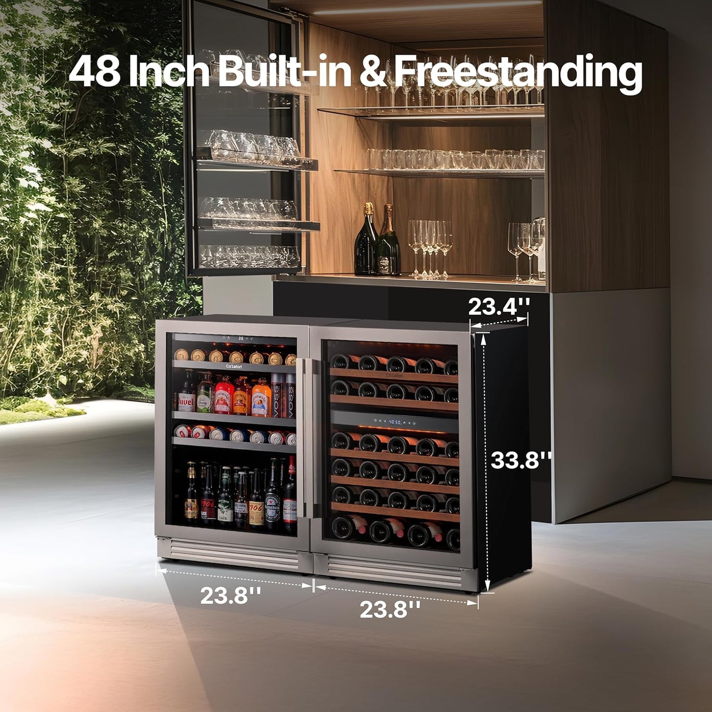 Ca'Lefort Wine Beverage Refrigerator Bundle - 48 Inch 34-65°F Drink Fridge Glass Door, 3 LED Dual Zone Wine Fridge Built-in or Freestanding, Holds 220 Cans and 46 Bottles (11.3 Cu.ft)