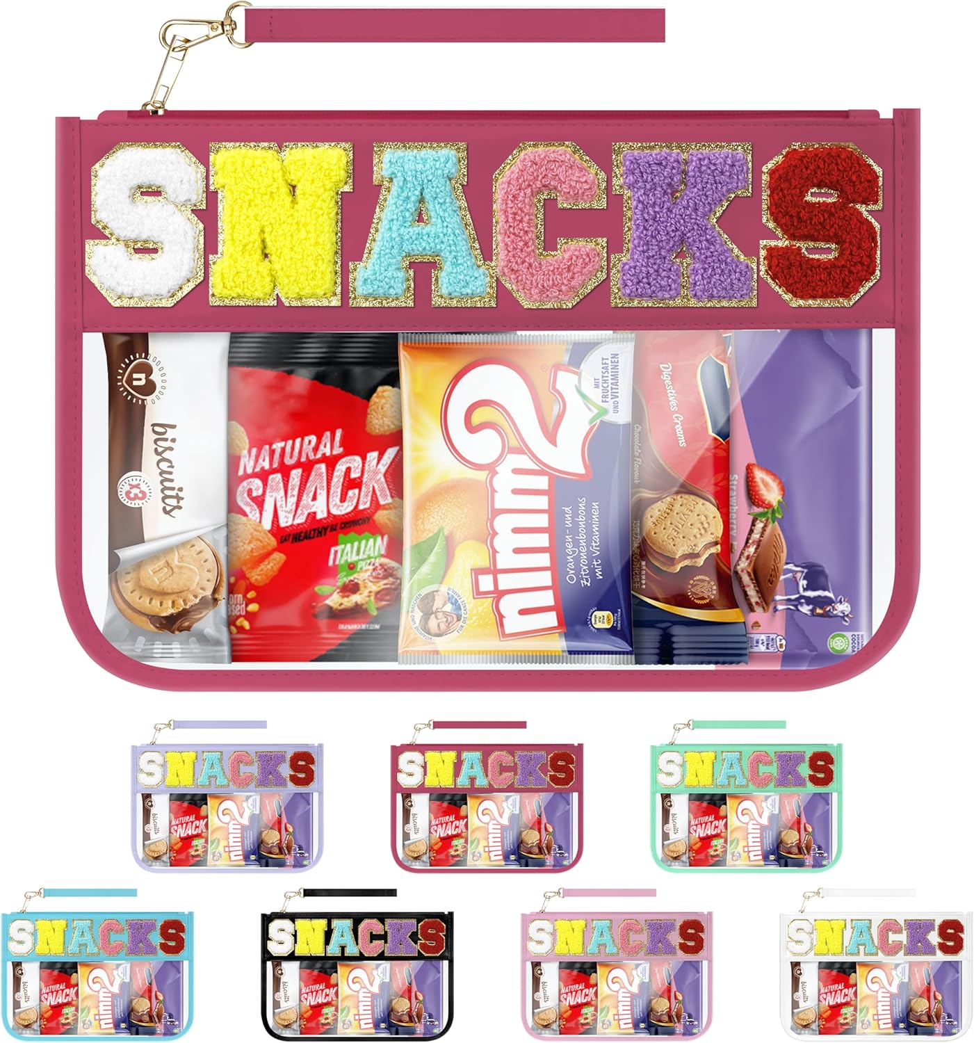 Snack Bag for Travel & Makeup - Clear Chenille Letter Zipper Pouch, Waterproof Cosmetic Tote Bag for Women & Girls (Red)