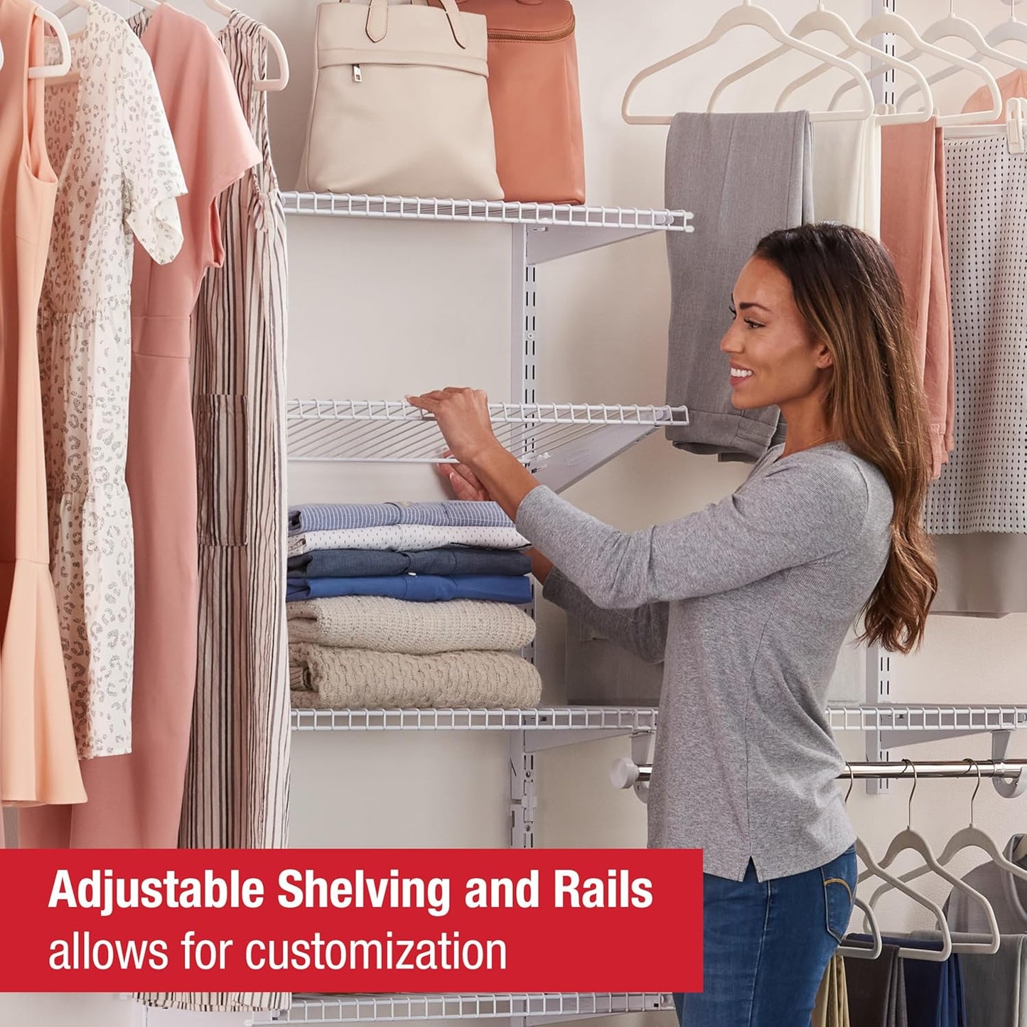 Rubbermaid Configurations Deluxe Custom Closet Kit 4-8Ft. Adjustable Metal Wire Shelving White Finish Expandable Organization System Hardware Included for Home Closet/Pantry/Laundry/Mudroom