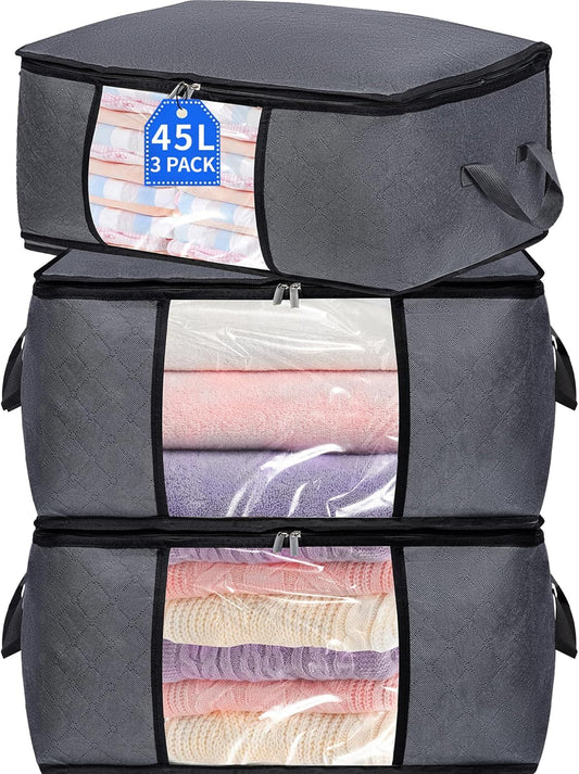 3 Pack Clothes Storage Bags with Zipper, 45L Foldable Blanket Storage Box with Clear Window Sturdy Handles for Closet, Dorm, Pillows, Bedding, Sheet, Comforter, Gray