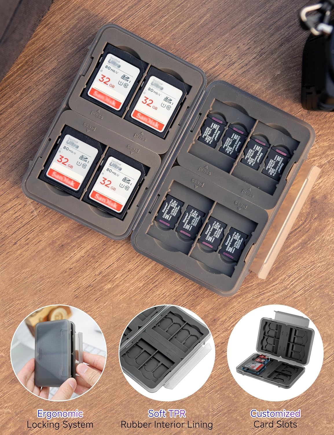 PROfezzion 24 Slots Water-Resistant & Anti-Shock Memory Card Case for 16 Micro SD Card & 8 SD/SDXC/SDHC Card with Rubber Interior Grey
