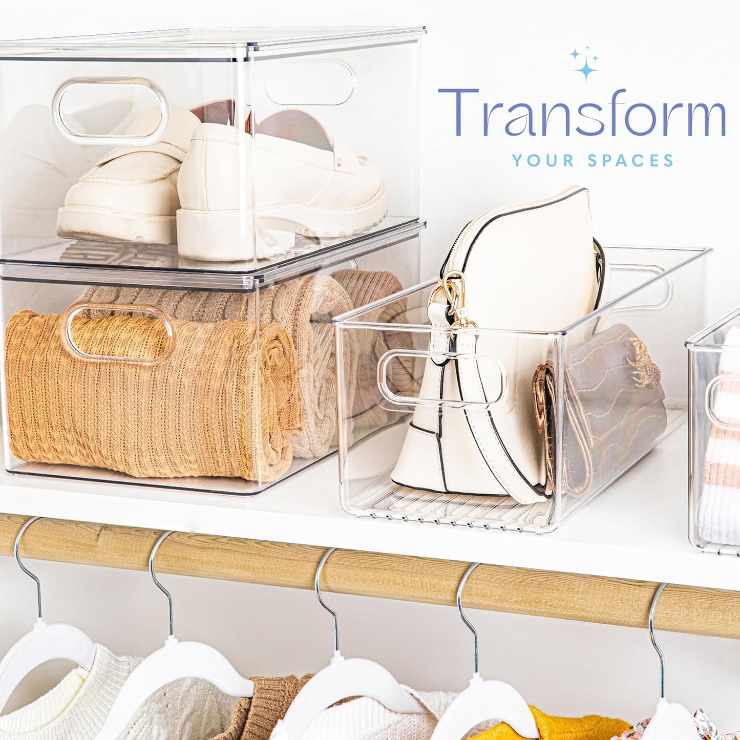 primebox Plastic Food Storage 4 Pack Clear Container Bin with Handles for Organizing Kitchen, Pantry, Fridge, Freezer, Pantry, Bathroom. 14"x6"5"