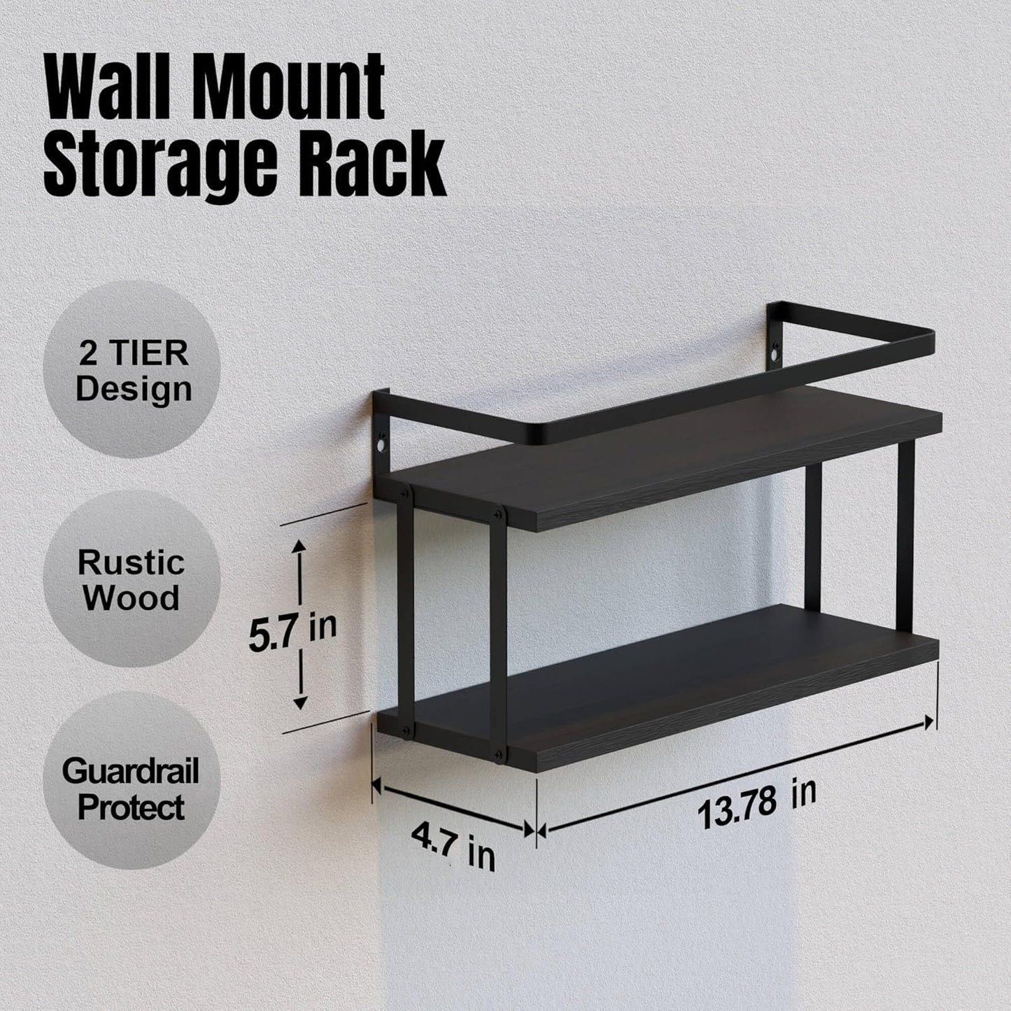 RICHER HOUSE Dual-Level Guardrail Floating Shelves, Rustic Wood Bathroom Shelf Wall Mounted, Over Toilet Paper Storage Shelves for Wall Decor, Bathroom Organizers - Black
