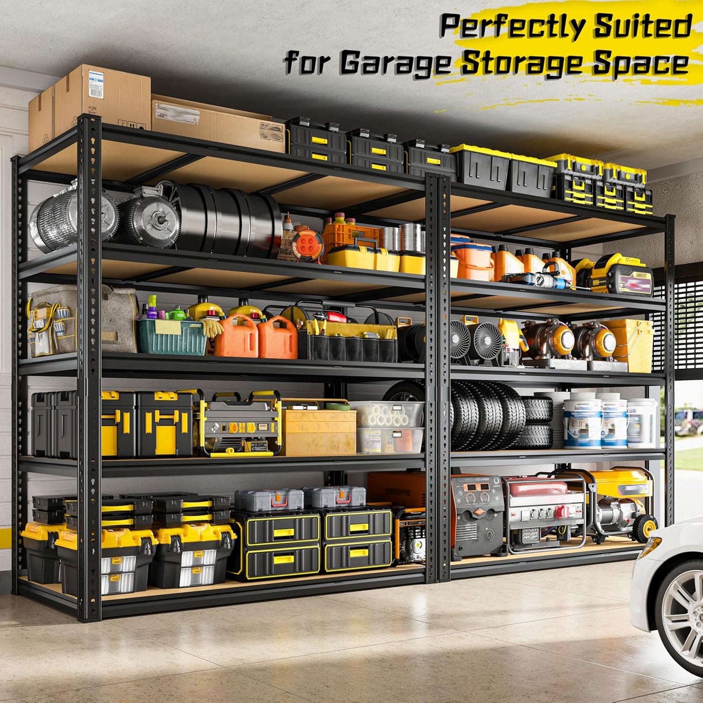 48" W Garage Shelving Heavy Duty 3200LBS Garage Storage Shelving, 5 Tier Adjustable Metal Shelving Unit Utility Rack Shelf for Warehouse, Pantry, Closet, Kitchen 72" H x 48" W x 24" D, Black
