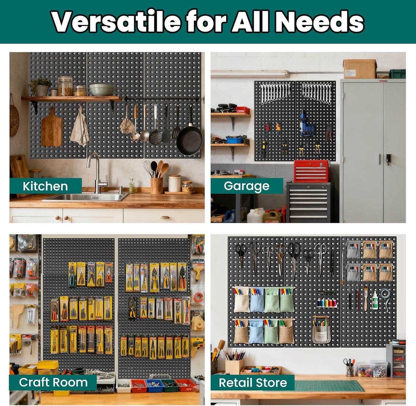 EVERHANGER Metal Pegboard Panels 24" x 12", Heavy Duty Steel Peg Boards for Garage, Pegboard Wall Organizer for Tool Storage and Organization, Black, 6 Pack