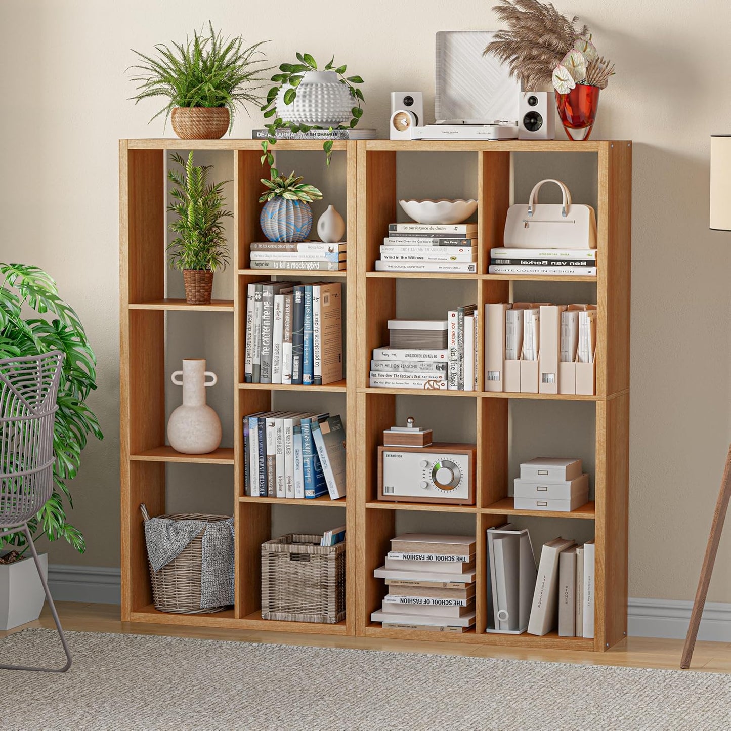Cube Storage Organizer Bookcase, Decorative 11 inch Open Back Cubical Shelf with Thickened Border, Display Bookshelf for Living Room, Home Office, Sturdy Room (Natural Oak, 7 Cube)