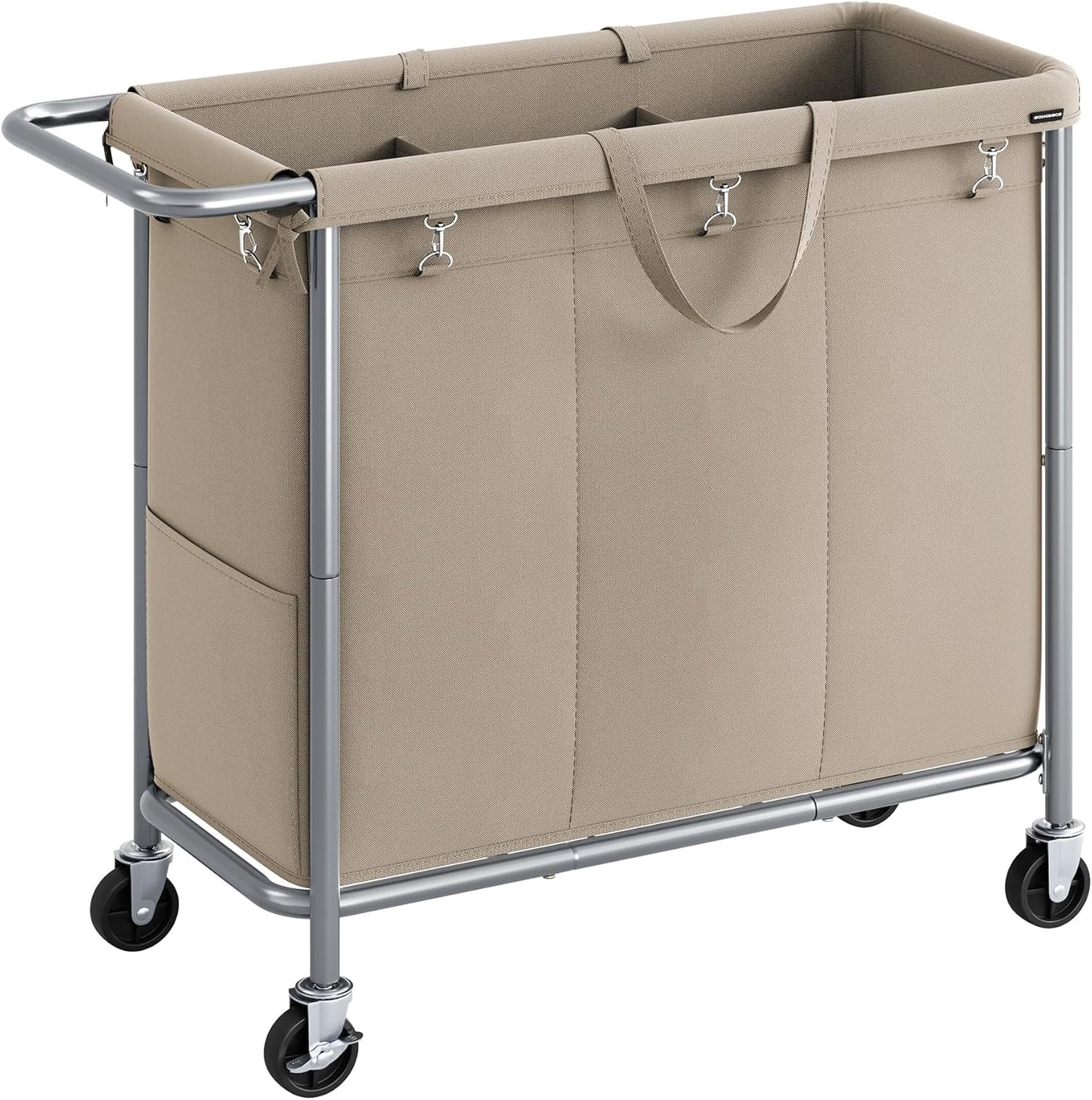 SONGMICS Laundry Basket with Wheels, 3-Section Rolling Laundry Hamper, 52.8 Gallons (200 L), Removable Liner, Steel Frame with Handle, 35.8 x 15.4 x 31.9 Inches, Camel Brown URLS005N01