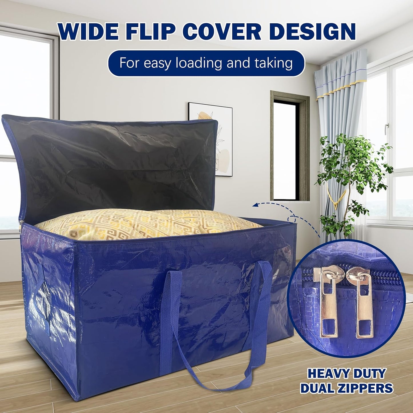 4 Pack Extra Heavy Duty Large Moving Bags with Strong Zipper & Carrying Handles, Sturdy Clothes Storage Bag Totes Bins, Packing Bags Moving Boxes College Moving Supplies, Dark Blue - 40 gal