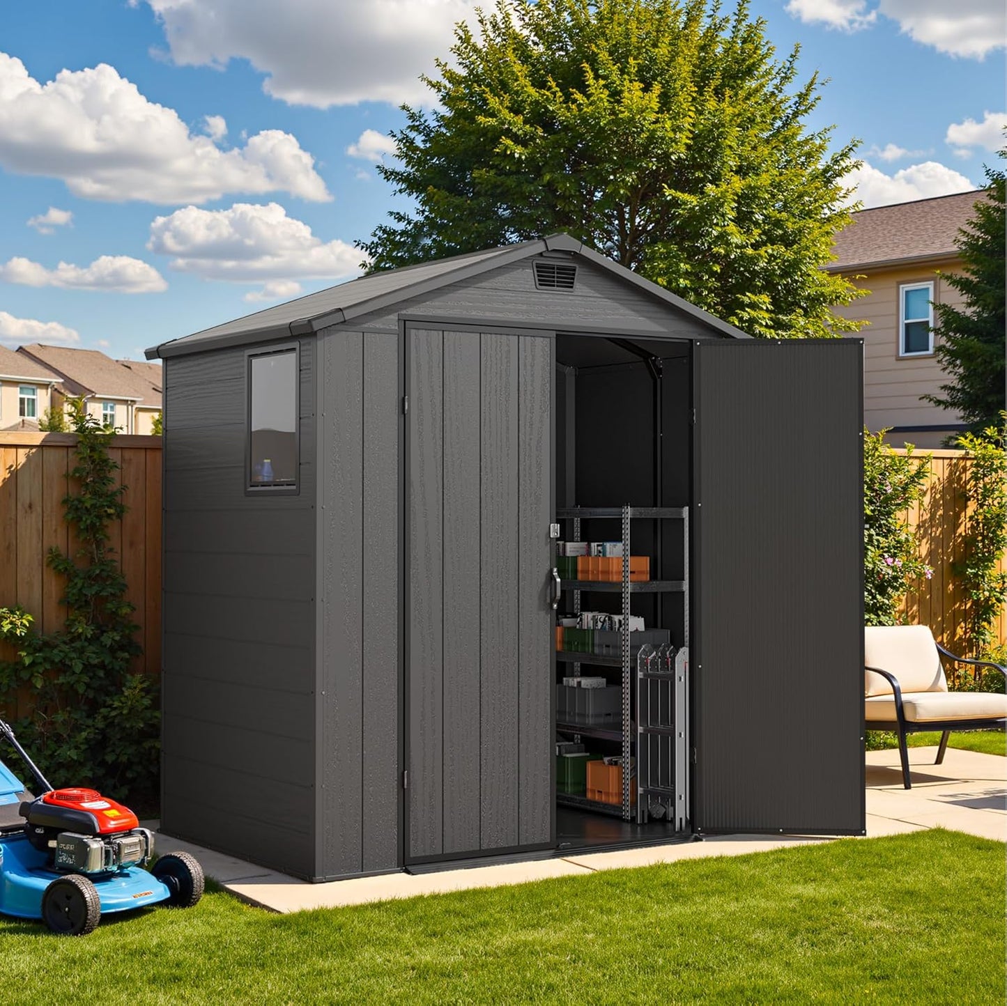Devoko 6x4 FT Plastic Outdoor Storage Shed - Lockable Resin Tool Shed with Window & Floor - Easy Assembly for Garden, Backyard, Dark Gray