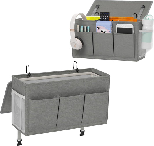 Dual-purpose Bedside Caddy Bedside Organizer, Bed Caddy with 6 Pockets, Versatile Bedside Storage Solution Magazine Remotes holder, ideal for Home, Dorm, Hospital, Crib Bed (Grey 2pcs)