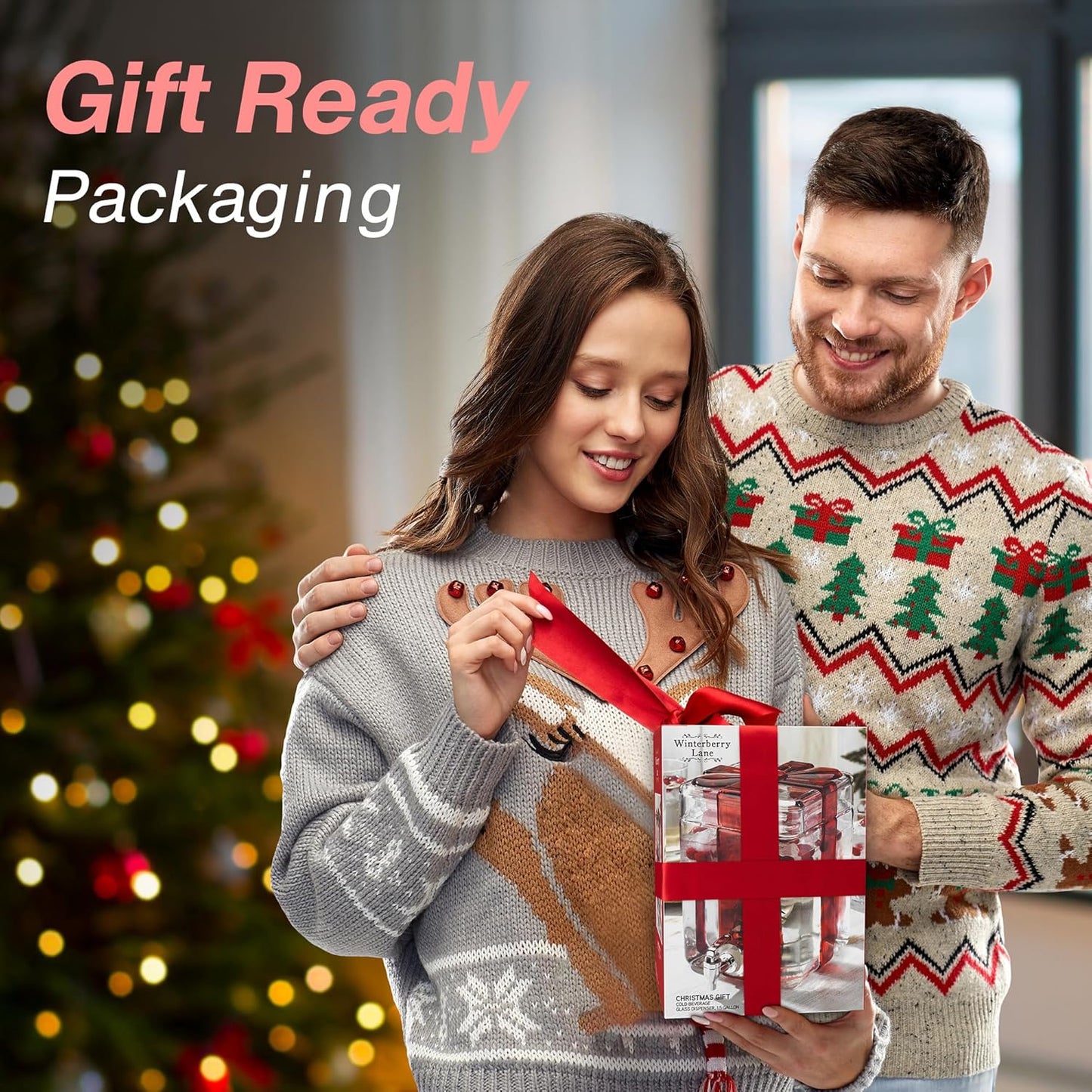 Gift Box Drink dispenser with Red Ribbon Design, Glass Beverage Dispenser For Christmas Party & decorations, Gift Ready Packaging With 100% Leakproof Spigot Perfect For Parties And Daily Use 1.5 GAL