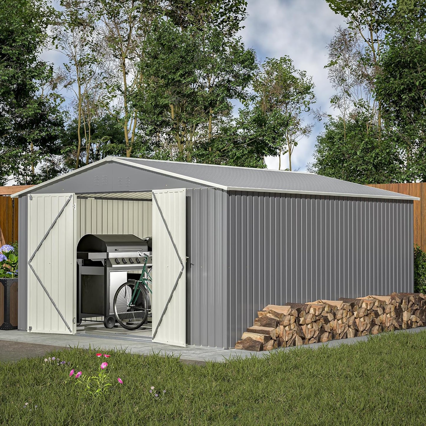 11x13ft Outdoor Metal Storage Shed,Steel Utility Tool Shed Storage House with Double Lockable Doors & Air Vent for Backyard Garden Patio Lawn Gray