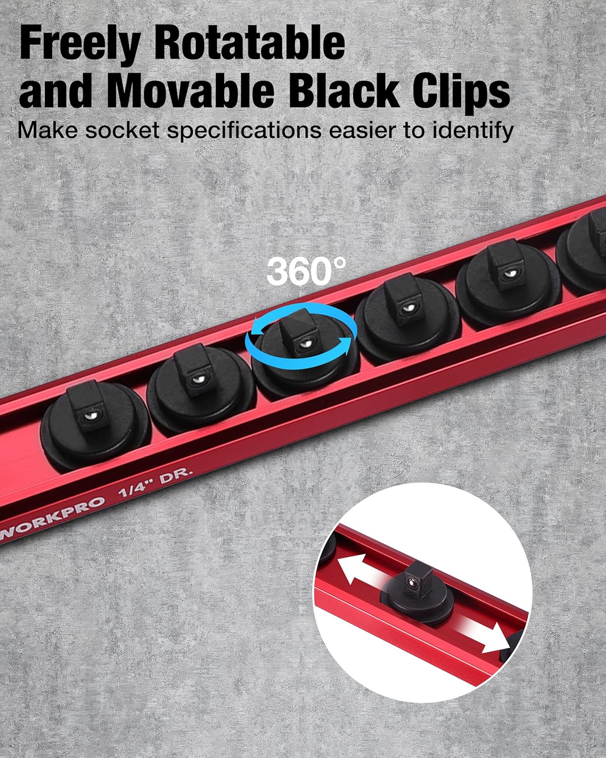 WORKPRO Magnetic Socket Organizer Set, 1/2" 3/8" 1/4" Drive Aluminum Alloy Socket Holder, 6PC Socket Rail with Removable Socket Clips, Socket Organizer Tray for Tool Box Drawer (Sockets Not Included)