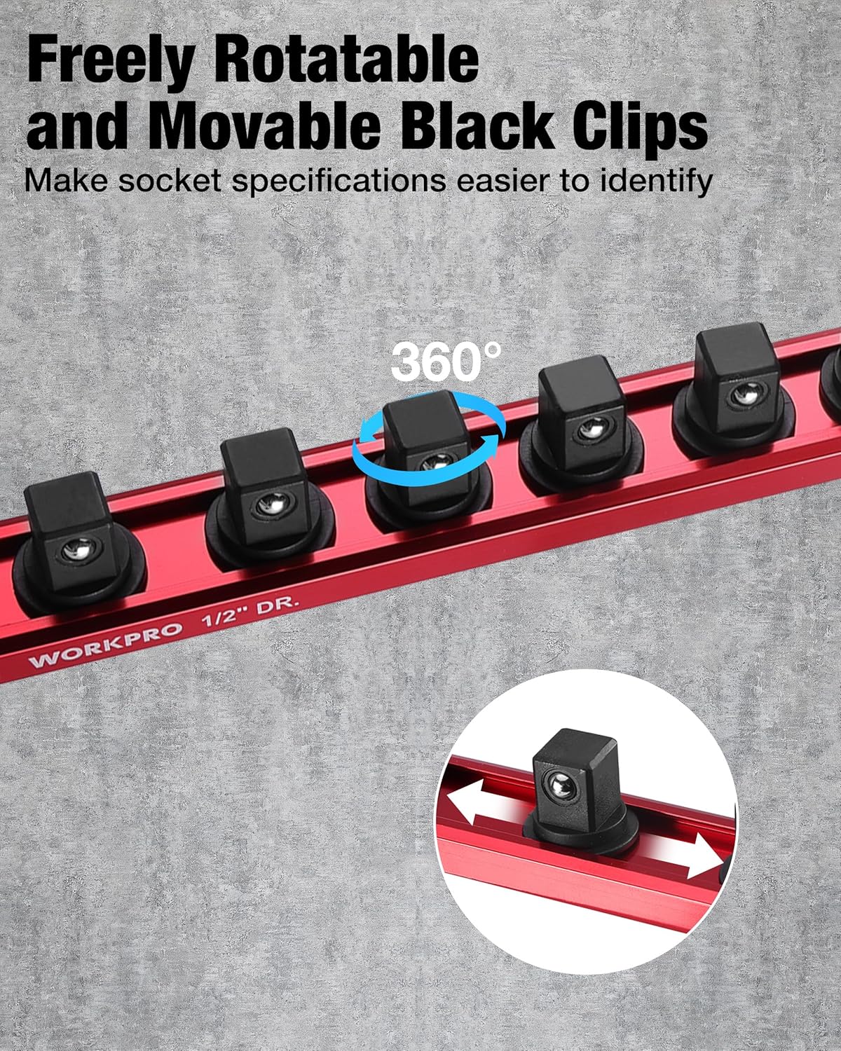 WORKPRO Magnetic Socket Organizer, 1/2" Drive Aluminum Alloy Socket Holder, Heavy Duty Socket Rail with 10 PC Removable Socket Clips, Socket Organizer Tray for Tool Box Drawer (Sockets Not Included)