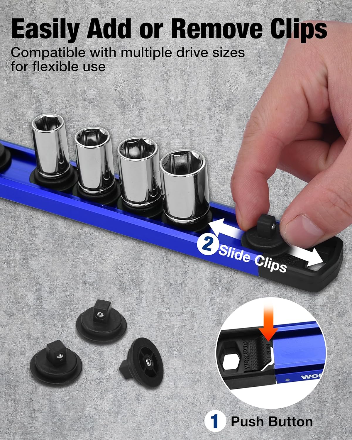WORKPRO Magnetic Socket Organizer Set, 1/2" 3/8" 1/4" Drive Aluminum Alloy Socket Holder, 3PC Socket Rail with Removable Socket Clips, Socket Organizer Tray for Tool Box Drawer (Sockets Not Included)