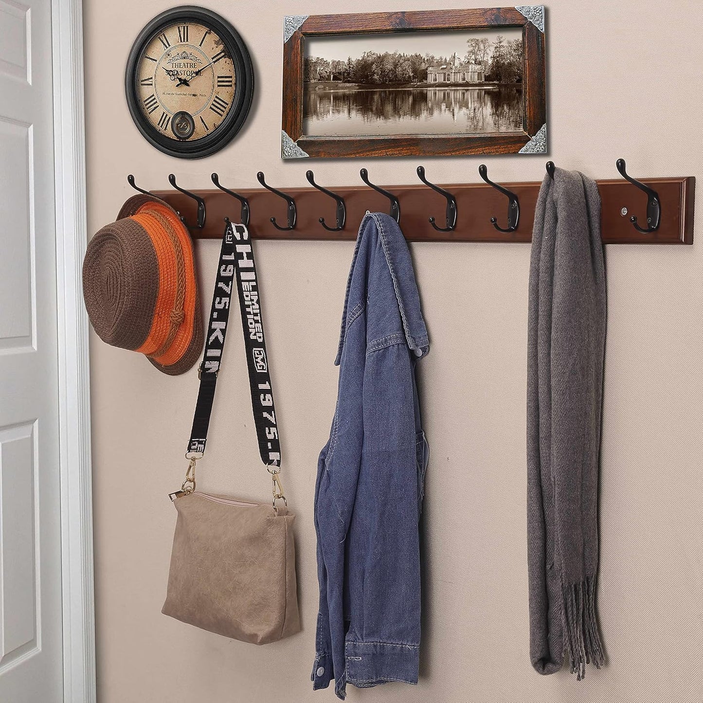 Dseap Coat Rack Wall Mounted: 10-Hooks, 16" Hole to Hole, 38-1/4" Long, Wood Coat Hooks Wall Mounted, Hook Rack, Hook Rail, Hooks for Hanging Coats, Brown & Black