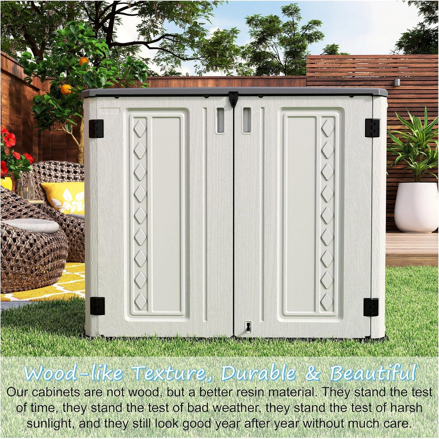 Horizontal Outdoor Storage Shed, 34 Cu.ft Outdoor Storage Cabinet Waterproof for Garden/Backyard/Home/Pool, Lockable (Off White)