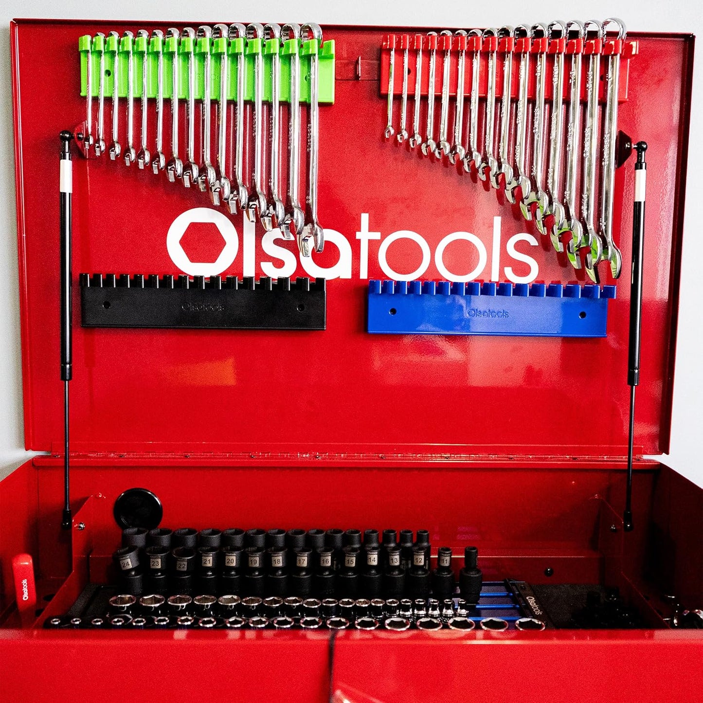 Olsa Tools Magnetic Wrench Organizer, Blue - Wrench Holder Rack - 15 Slot Wrench Storage Rail - SAE and Metric Wrench Holder for Tool Boxes - Scratch Free Magnetic Wrench Organizer - Part: 1876