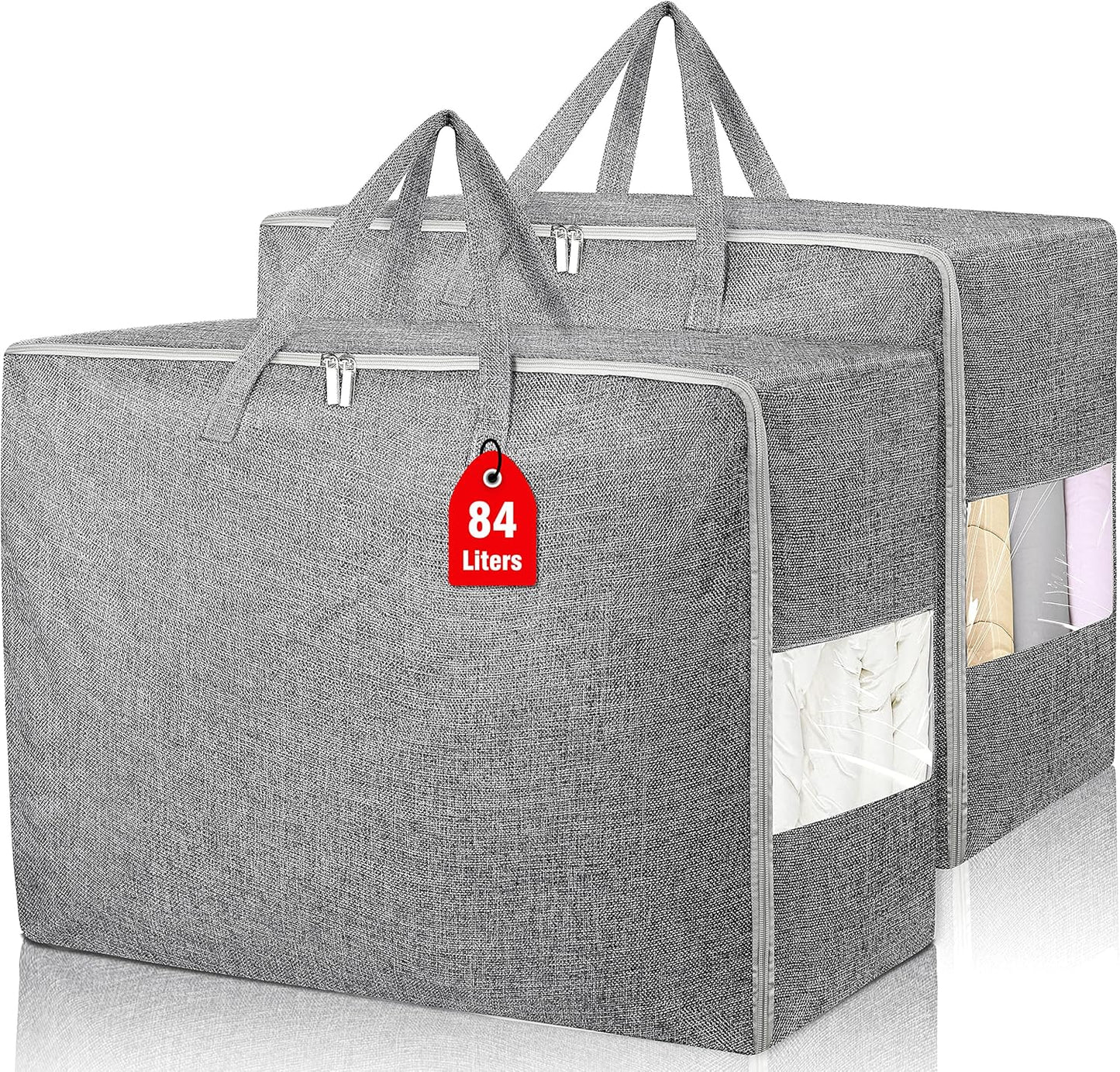 2Pack 84L Large Storage Bags, Folding Moving Comforter Blanket Storage Bags Closet Organizers and Storage Containers with Strong Handles&Zippers Clear Window for Clothes Bedding Pillow, Grey