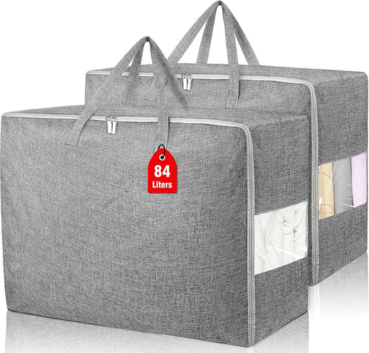 2Pack 84L Large Storage Bags, Folding Moving Comforter Blanket Storage Bags Closet Organizers and Storage Containers with Strong Handles&Zippers Clear Window for Clothes Bedding Pillow, Grey