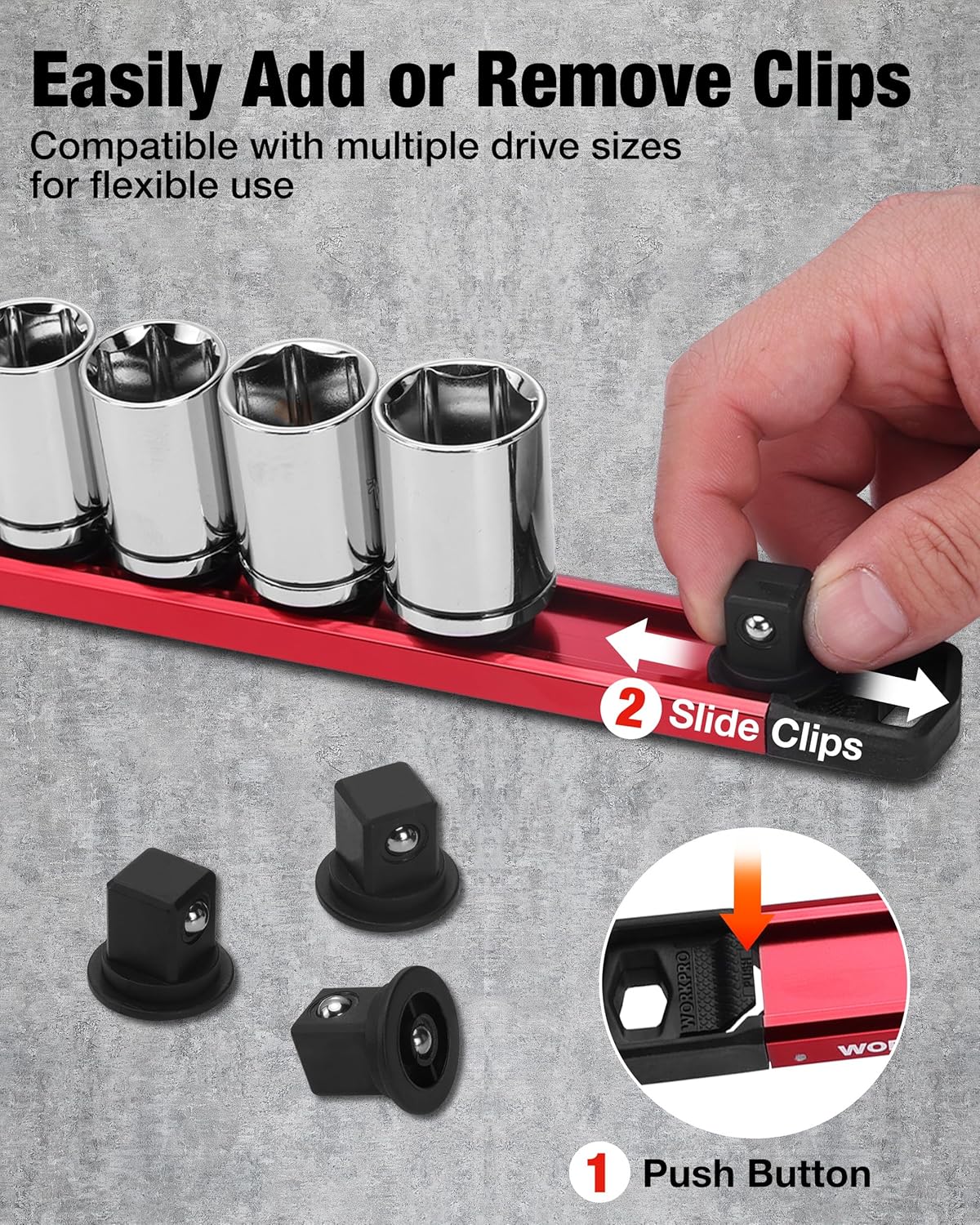 WORKPRO Magnetic Socket Organizer, 1/2" Drive Aluminum Alloy Socket Holder, Heavy Duty Socket Rail with 10 PC Removable Socket Clips, Socket Organizer Tray for Tool Box Drawer (Sockets Not Included)