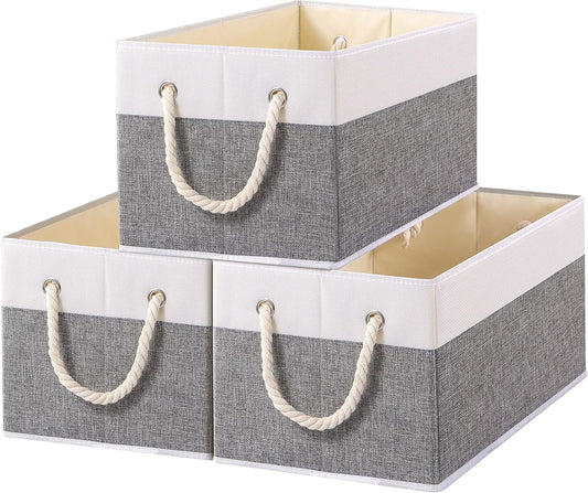 Yawinhe Foldable Storage Baskets for Shelves, Fabric Storage Cubes with Rope Handle, Closet Organizers for Clothes, 3-Pack, 14.96''Lx9.84''Wx8.26''H, White/Grey