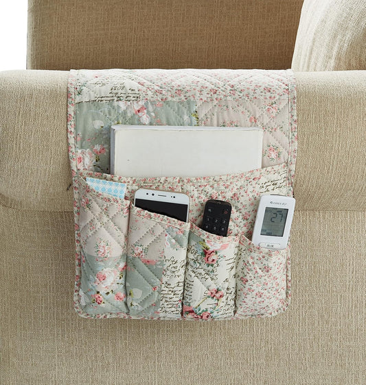 Brilliant Sunshine Rose and Sage Patchwork Sofa Armrest 5 Pockets Organizer, Slip Resistant Armchair Caddy, Washable Remote Controls Holder, Storage for Magazine, Tablet, Phone, iPad,35×13",Rose Sage