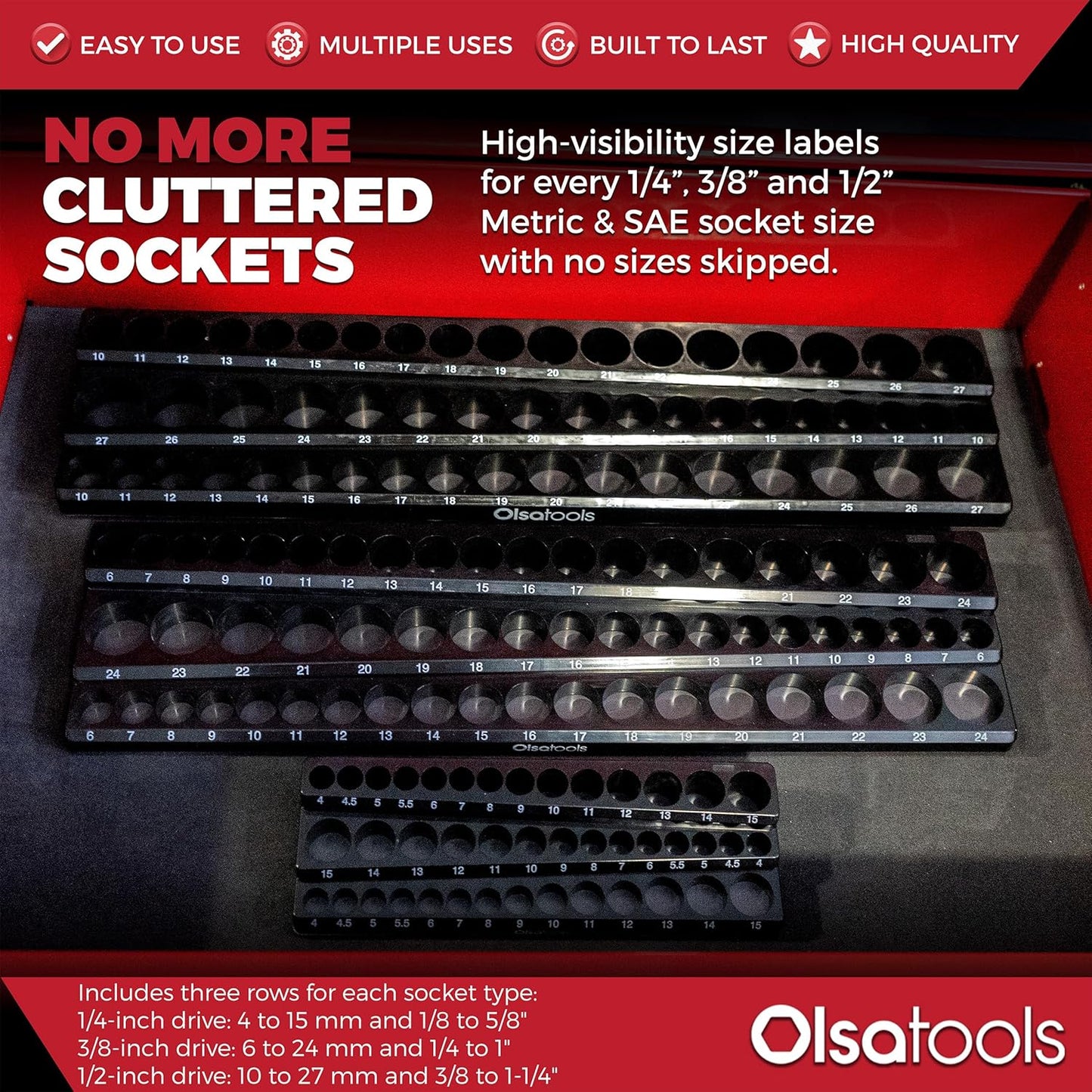 Olsa Tools Magnetic Socket Organizer | 6pc Socket Holder Kit | 1/2-Inch, 3/8-Inch, & 1/4-Inch Drive | Socket Organizers For Toolboxes | Red | Holds 273 | Professional-Grade Tool Organizer | Part 1667