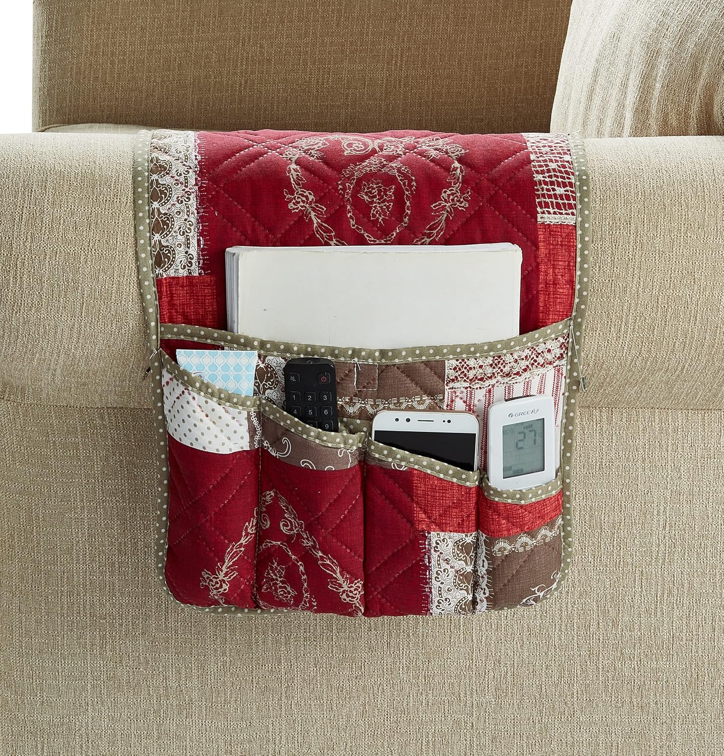Brilliant Sunshine Burgundy Floral Patchwork Couch Armrest 5 Pockets Organizer, Slip Resistant Armchair Caddy, Washable Remote Controls Holder, Storage for Magazine, Tablet, iPad, 35×13", Burgundy
