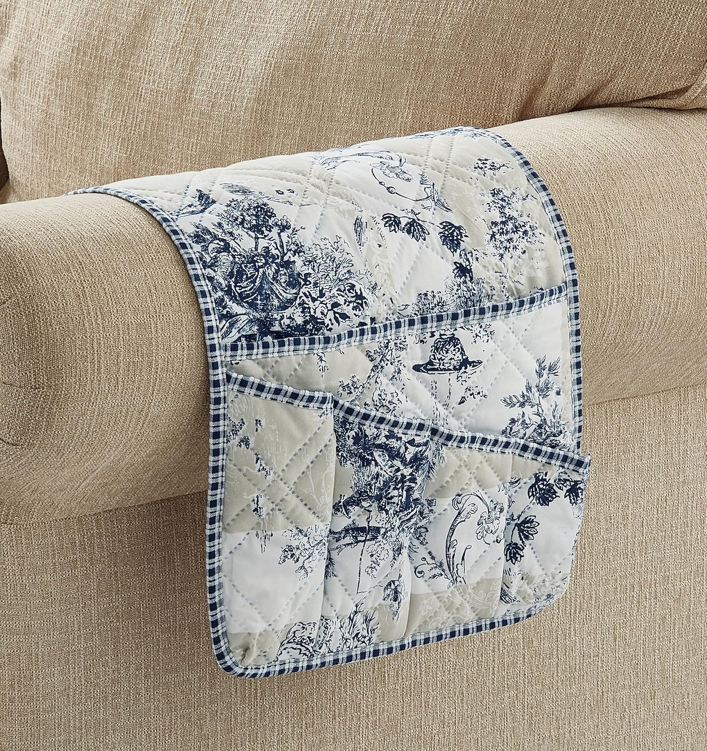 Brilliant Sunshine Blue Toile Couch Sofa Armrest 5 Pockets Organizer, Slip Resistant Recliner Armchair Caddy, Washable Remote Controls Holder, Storage for Magazine, Tablet, Phone, iPad, 35×13", Blue