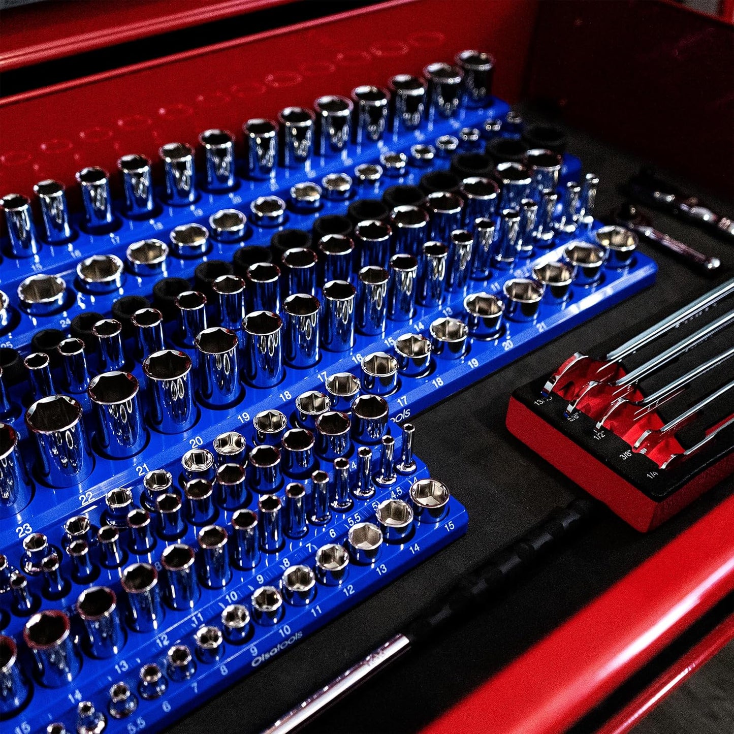 Olsa Tools Magnetic Socket Organizer | 6pc Socket Holder Kit | 1/2-Inch, 3/8-Inch, & 1/4-Inch Drive | Socket Organizers For Toolboxes | Blue | Holds 273 | Professional-Grade Tool Organizer | Part 1669