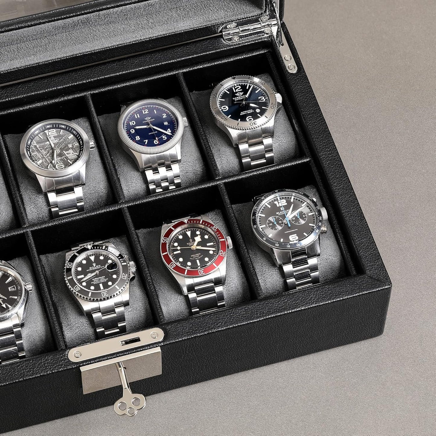 ROTHWELL 10 Slot Leather Watch Box - Luxury Case Display Jewelry Organizer - Locking Watch Display Case Holder with Large Glass Top - Box Organizer for Men and Women (Black/Grey)