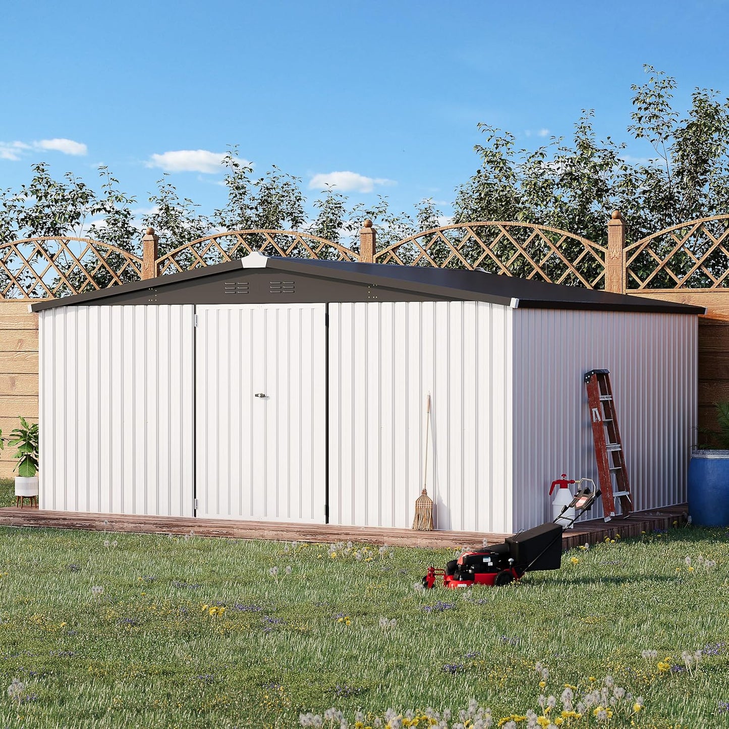 AECOJOY 12' x 14' Outdoor Storage Shed, Large 14x12 Metal Sheds & Outdoor Storage Clearance Steel Yard Shed with Lockable Doors, Utility Tool Storage Garden Shed for Backyard, Patio and Outside use